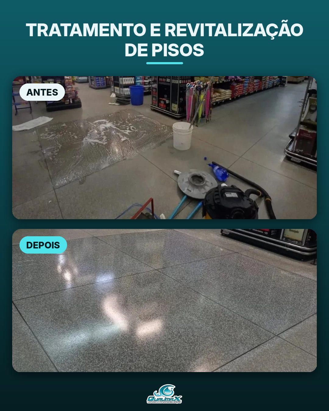 Antes e depois do tratamento e revitalização de piso realizado pelo Grupo Qualimax